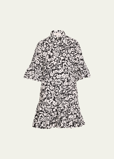 Michael Kors Floral-print Short-sleeve Ruffle Poplin Mini Shirtdress In Black Optic White