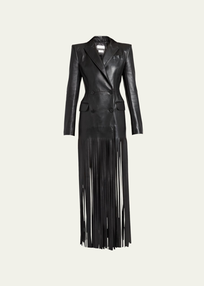 Alexander Mcqueen Leather Fringed Trench Coat In Black