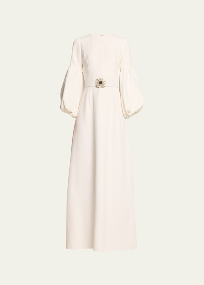 Andrew Gn Puff-sleeve Belted Gown In Off White