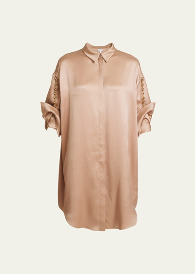 Loewe Silk Shirtdress With Chain Details In Otter