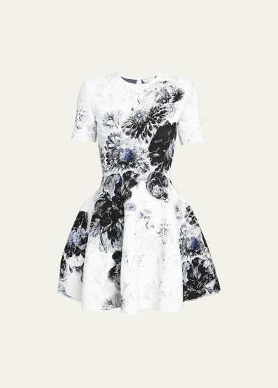 Alexander Mcqueen X-ray Floral Print Flare Mini Dress In White/black/blue