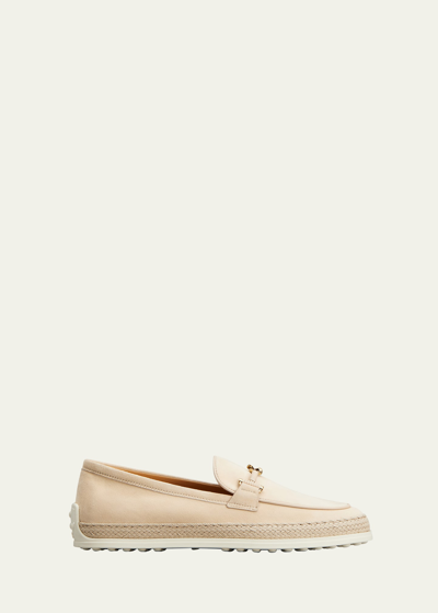 Tod's Gomma Suede T-ring Espadrille Driver Loafers In Beige