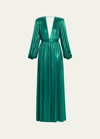 Bronx And Banco Zoe Deep V-neck Metallic Empire Gown In Metallic Green