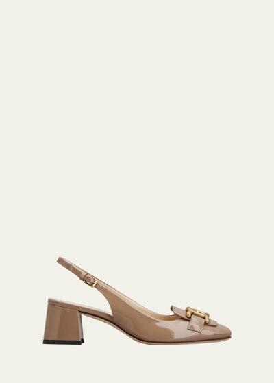 Tod's Cuoio Patent Slingback Chain Pumps In Beige