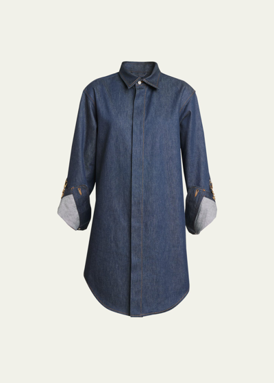Loewe Chain-embellished Denim Shirt Dress In Washed Denim
