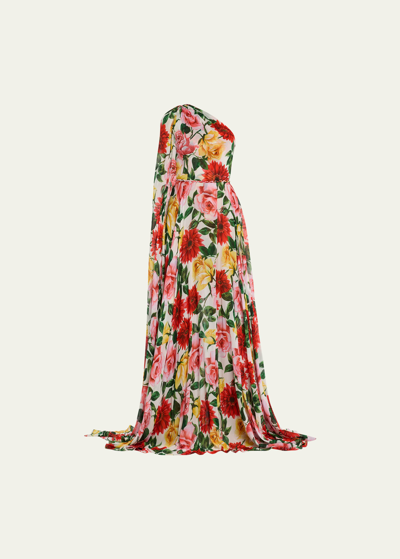 Naeem Khan One-shoulder Floral Print Gown With Cape Detail In Multi