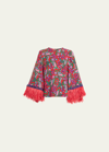 ANDREW GN FLORAL-PRINT FEATHER CRYSTAL-TRIM SLEEVE SILK TOP