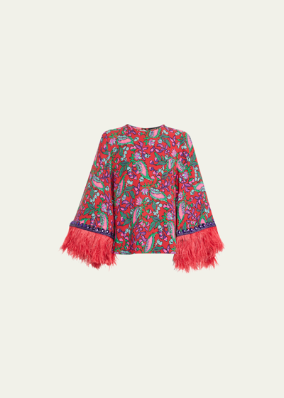 Andrew Gn Floral-print Feather Crystal-trim Sleeve Silk Top In Red