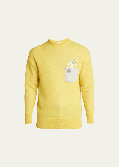 Loewe Men's Embroidered Pocket Mohair-blend Sweater In Yellow/gre