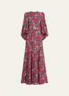 ANDREW GN FLORAL PRINT PUFF-SLEEVE BELTED SILK GOWN