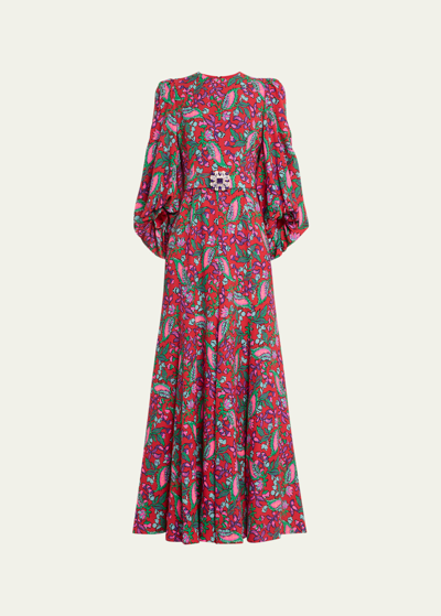 Andrew Gn Floral Print Puff-sleeve Belted Silk Gown In Red