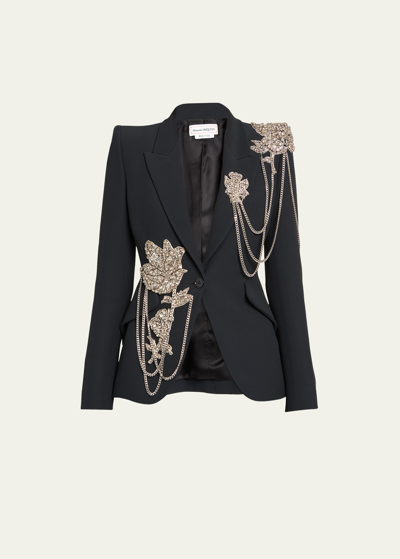 Alexander Mcqueen Peak Shlouder Blazer Jacket With Floral Crystal Chain Detail In Black