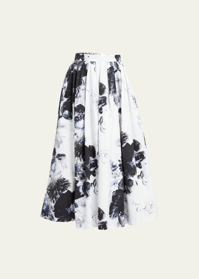 Alexander Mcqueen Floral X-ray Print Faille Voluminous Midi Skirt In Blackenaml