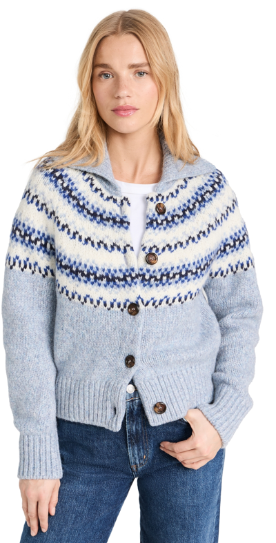 White + Warren Plush Alpaca Blend Fair Isle Cardigan Sweater In Light Blue Combo