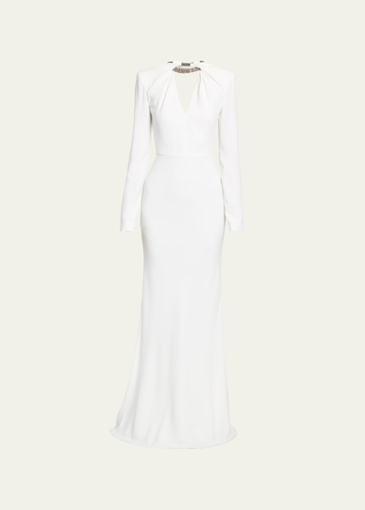 Alexander Mcqueen Certified Leaf Crepe Gown With Crystal Neckline In Ivory