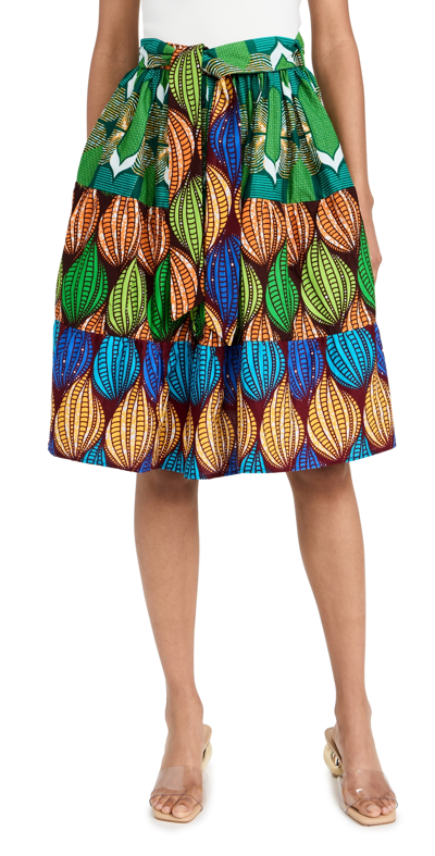 Studio 189 Cotton Wax Mixed Print Belted Midi Skirt Multicolor M