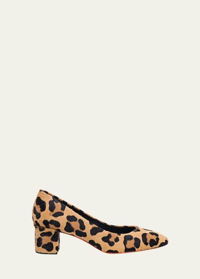 Santoni Women's 50mm Animal-print Calf Hair Block-heel Pumps In Brown