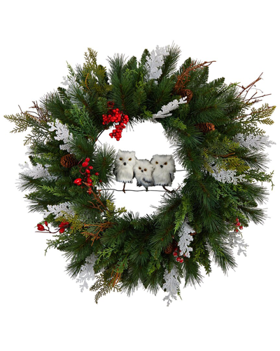 Nearly Natural 24in Holiday Winter Owl Family Pinecone Berry Wreath In Green
