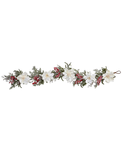 Nearly Natural 60in Frosted Magnolia & Berry Artificial Garland In White