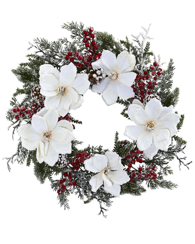 Nearly Natural 22in Snowed Magnolia & Berry Wreath In White