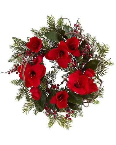 Nearly Natural 24in Amaryllis Wreath In Red