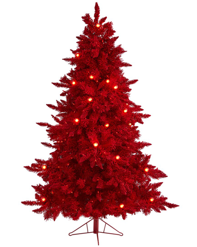 Nearly Natural 6ft Red Flocked Fraser Fir Artificial Christmas Tree