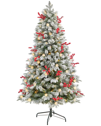 Nearly Natural 6ft Snow Tipped Norwegian Fir Pre-lit Artificial Christmas Tree In Green