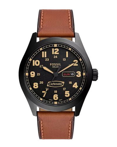 Fossil Men's Defender Solar Brown Leather Strap Watch, 46mm In Black