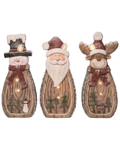Transpac Set Of 3 Resin Brown Christmas Light Up Wooden Decor