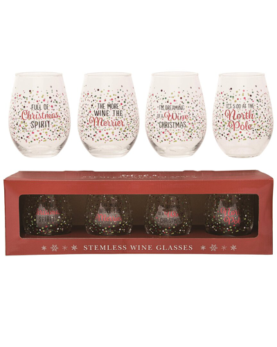 Transpac Set Of 4 Glass 15in Multicolor Christmas Confetti Stemless Wine Glasses