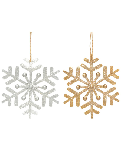 Transpac Set Of 2 Metal 5.25in Multicolored Christmas Glitter Snowflake Ornament