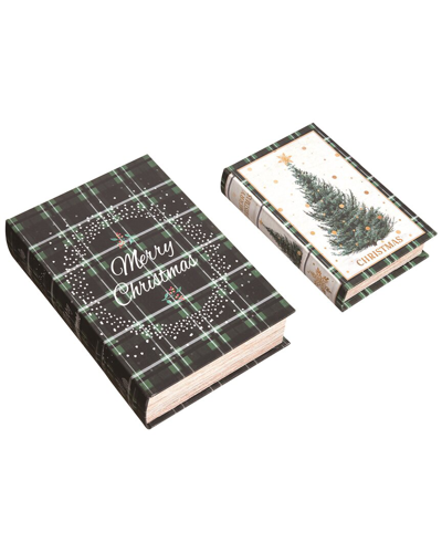 Transpac Set Of 2 Wood 11.81in Multicolor Christmas Tartan Nesting Book Boxes