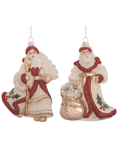 Transpac Set Of 2 Glass Multicolor Christmas Santa With Bag Ornaments