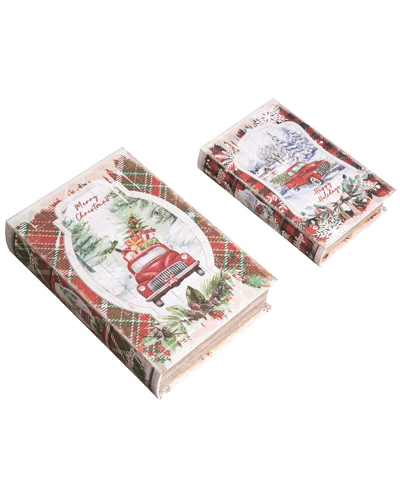 Transpac Set Of 2 Wood 11.81in Multicolor Christmas Nesting Book Boxes