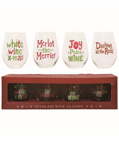 Transpac Set Of 4 Glass 15in Multicolor Christmas Stemless Wine Glasses