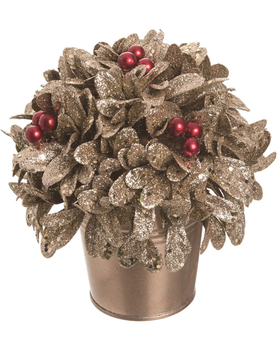 Transpac Artificial 7in Gold Christmas Leaves & Berry Pot