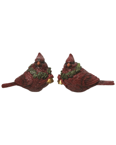 Transpac Set Of 2 Resin Red Christmas Large Rustic Wooden Bird Figurines