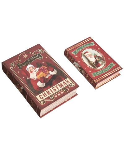 Transpac Set Of 2 Wood 11.81in Multicolor Christmas Nesting Santa Book Boxes