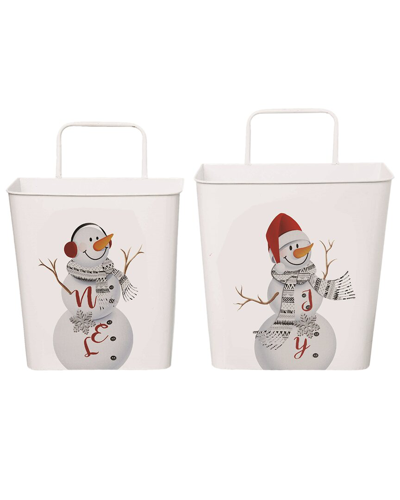 Transpac Set Of 2 Metal White Christmas Enamel Snowman Hanging Baskets