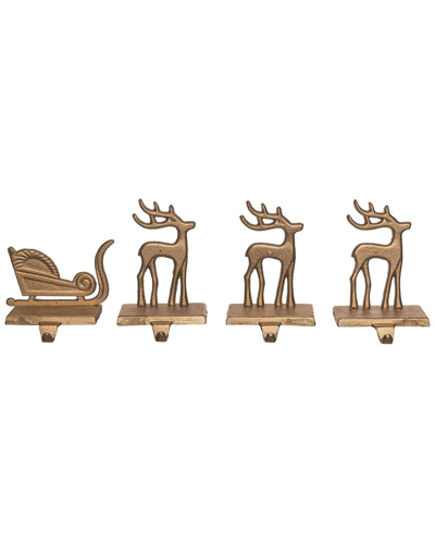 Transpac Set Of 4 Metal 6.5in Gold Christmas Reindeer With Sleigh Stocking Holder