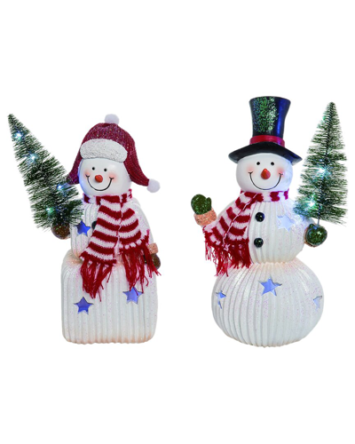 Transpac Set Of 2 Resin 12in White Christmas Light Up Cheerful Snowman