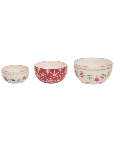 Transpac Set Of 3 Dolomite 8.7in Multicolor Christmas Merry Serving Bowls