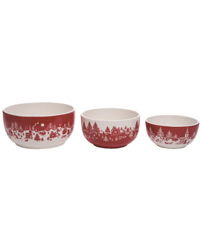 Transpac Set Of 3 Dolomite 8.5in Multicolor Christmas Toile Bowls