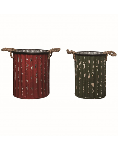 Transpac Set Of 2 Metal Red Christmas Rugged Buckets