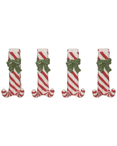 Transpac Set Of 4 Ceramic White Christmas Peppermint Placecard Holders
