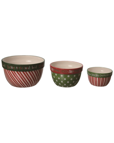 Transpac Set Of 3 Dolomite 10in Multicolor Christmas Nesting Snack Bowls