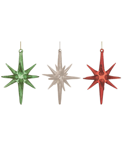 Transpac Set Of 3 Glass Multicolor Christmas Large Starburst Ornaments