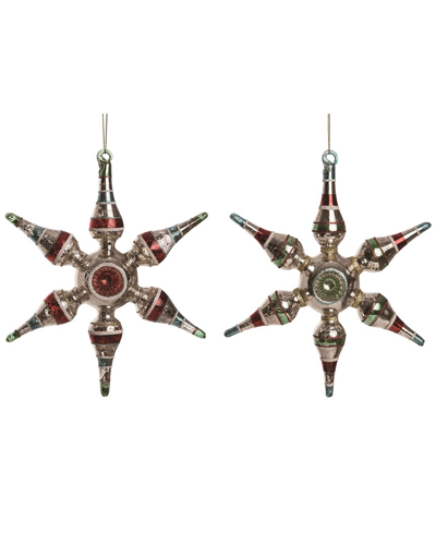 Transpac Set Of 2 Glass Red Christmas Retro Star Ornaments