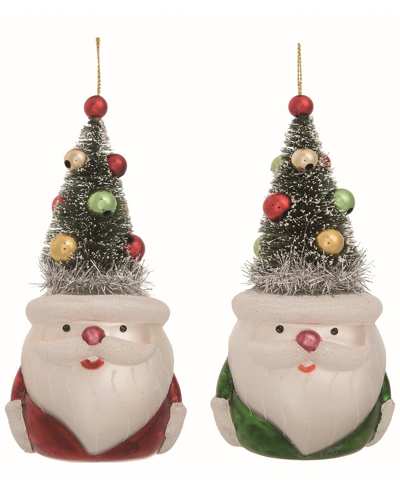 Transpac Set Of 2 Glass Multicolor Christmas Santa With Bottle Brush Hat