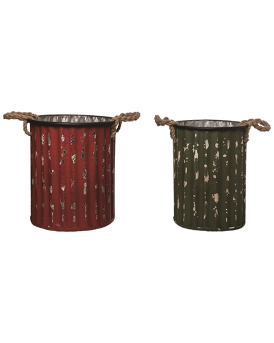 Transpac Set Of 2 Metal 14.5in Multicolor Christmas Rugged Buckets With Handle